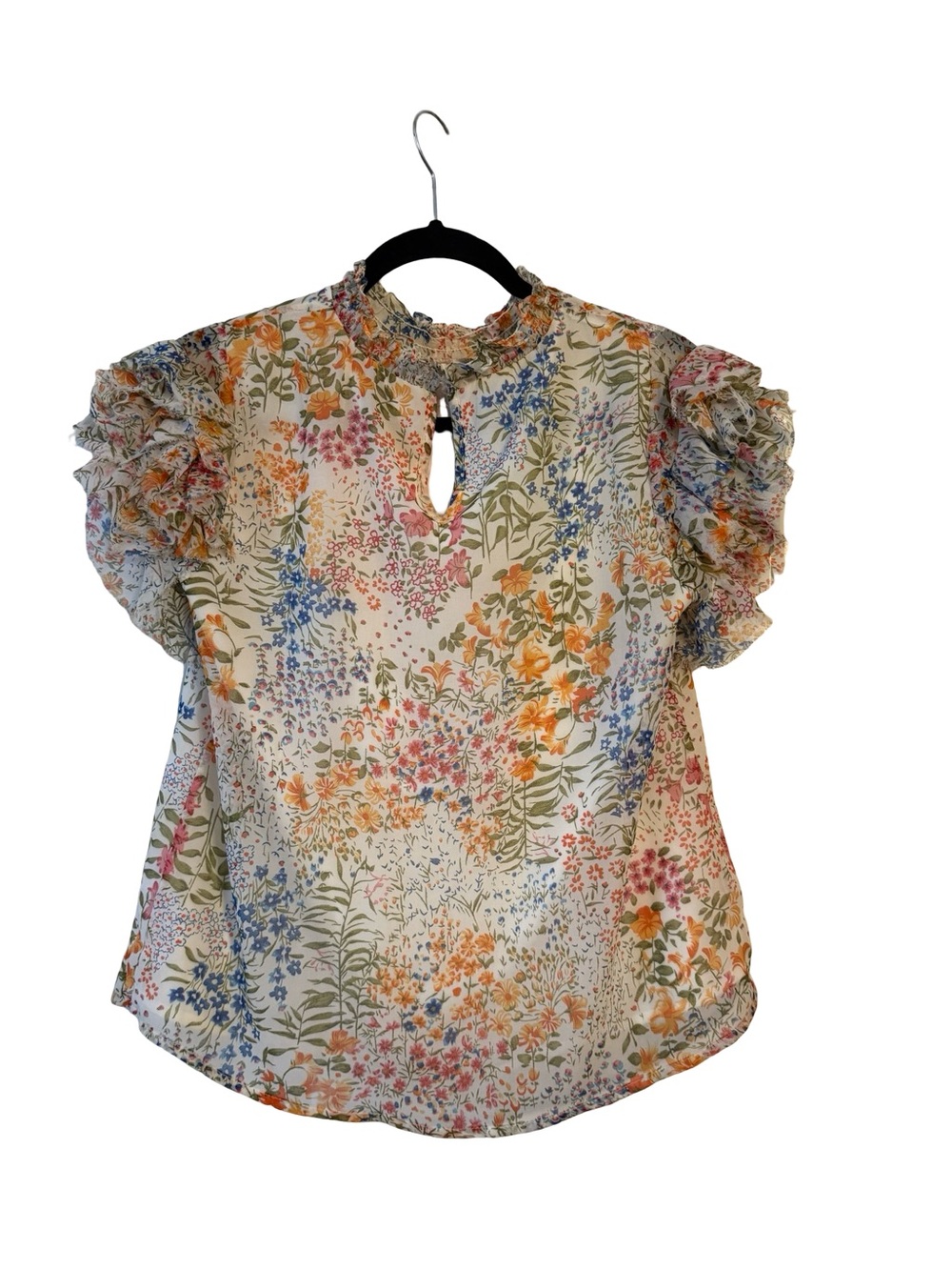 Sugarlips Floral Ruffle Sleeve Blouse - Cream with Pink, Orange, Blue